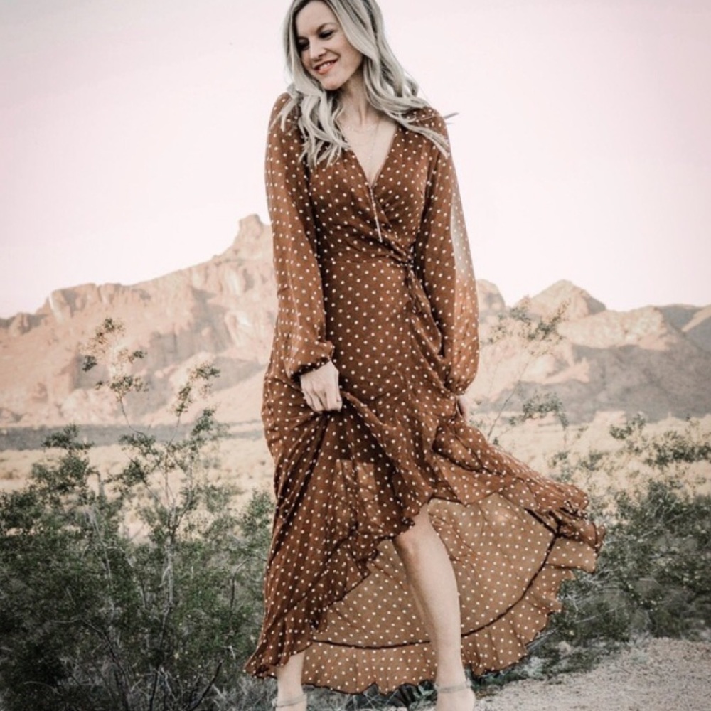 Listicle Brown Polka Dot Ruffle Belted Dress - Picture 1 of 8